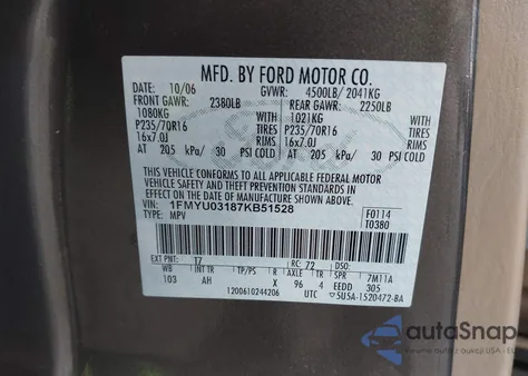 2007 Ford Escape Xlt/Xlt Sport z USA, uszkodzony, nr VIN 1FMYU03187KB51528